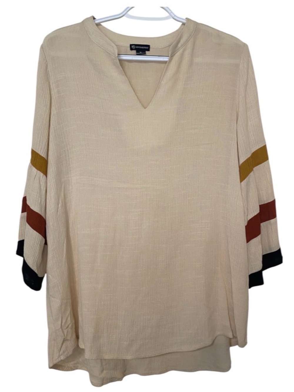 new directions Cream gauze Tunic w/ fall colored stripes bell Sleeve Medium